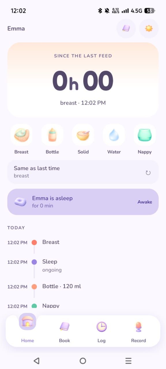 Carnet Bebetalk affichant les tapes rapides pour repas, couches et sommeil