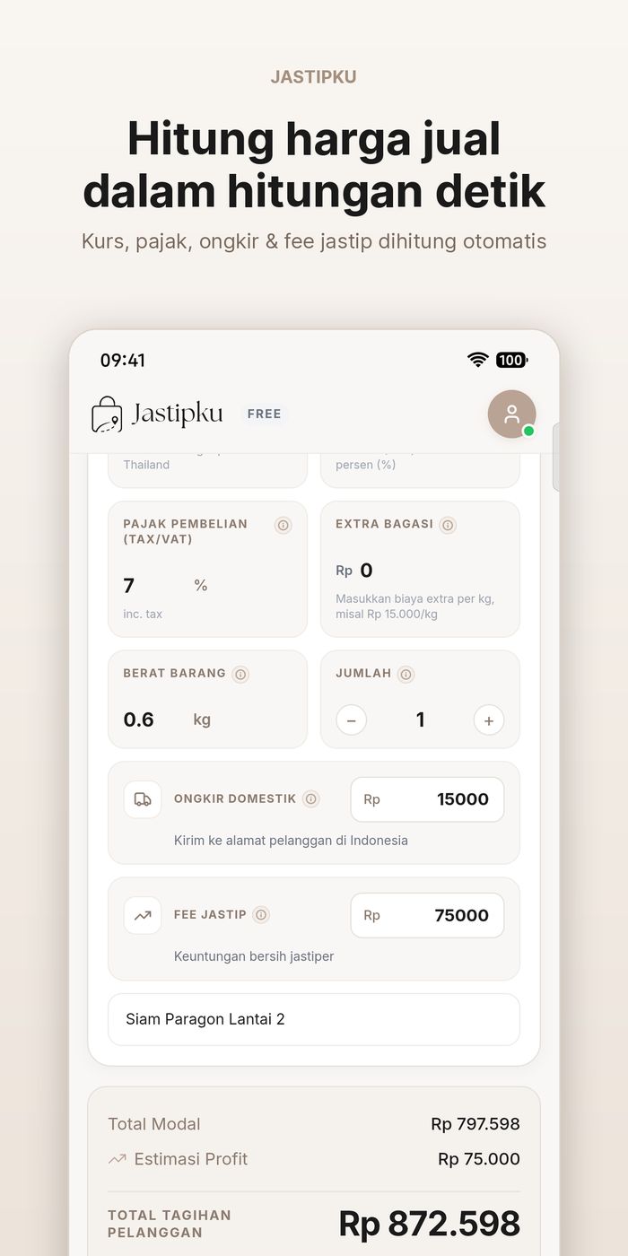 Interface Jastipku avec le carnet de commandes et le calcul de marge